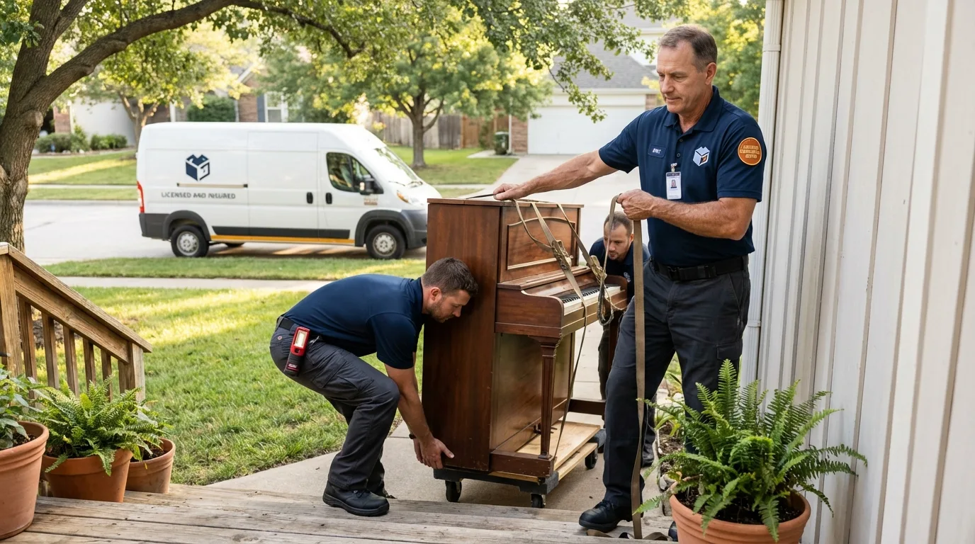 Licensed piano movers securing grand piano in Lake City, AR