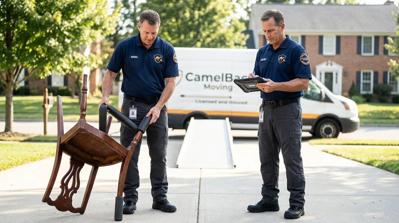 Movers inspecting furniture for damage prevention before loading in Lake City, AR