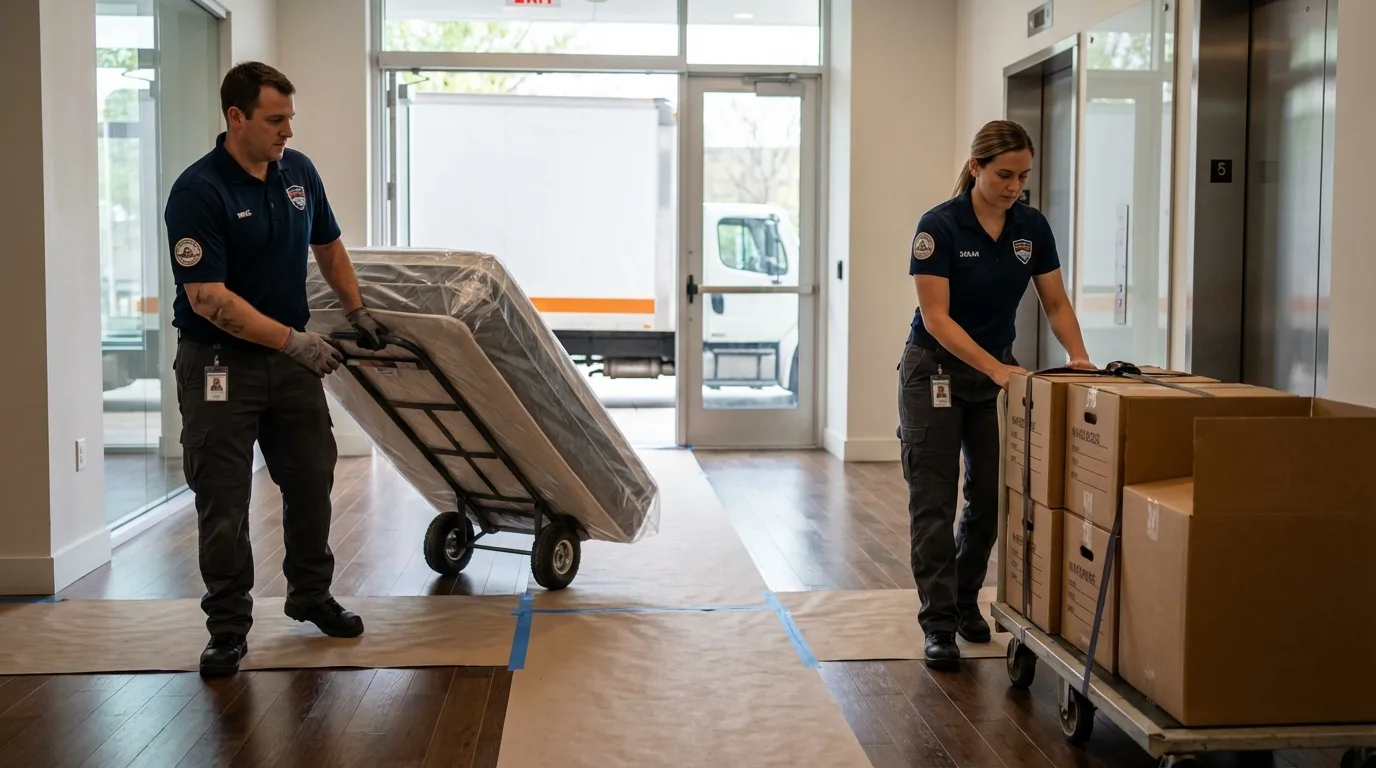 Professional apartment movers loading elevator in Lake City, AR